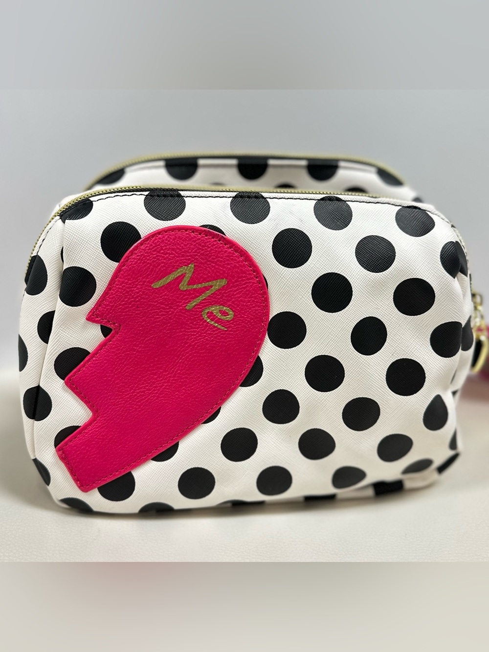 Betsey Johnson Black & White Striped Cosmetic Pouch with Pink Heart Patch